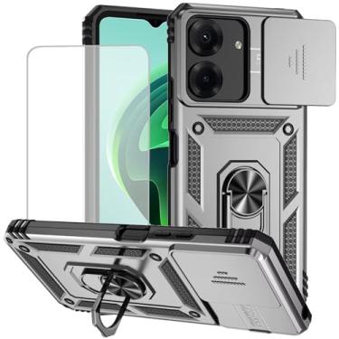 Imagem de Yodueiv Capa para Redmi 13C, capa Poco C65 com protetor de tela de vidro temperado e capa de câmera deslizante, anel magnético suporte de carro capa protetora para Xiaomi Redmi 13C prata