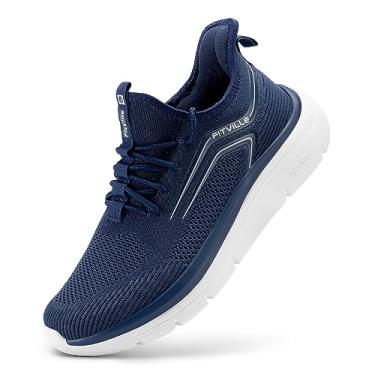 Imagem de FitVille Tênis de corrida masculino Wide Road Athletic Tênis leve para treino sem cadarço - Highland Core Jogger V1, Azul escuro, 11.5 X-Wide
