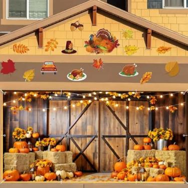 Imagem de Pano de fundo para decoração de porta de garagem de outono de Ação de Graças, faixa de porta de garagem de outono, celeiro, madeira, palheiro, girassol, abóbora, 2,1 x 4,9 m, outono, 2 carros, para