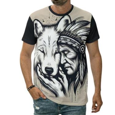 Imagem de Camiseta Indígena Com Cachorro Lobo Tribo Aldeia Cocar Arte - Darkwood