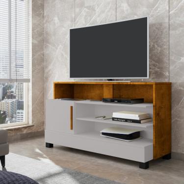 Imagem de Rack para TV até 48 Polegadas 1 Porta com Pés de Madeira Pipa Bechara - Off White/Naturale