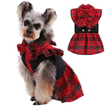 Imagem de Kuoser Vestido xadrez vermelho clássico para cães pequenos e médios, vestido tutu com laço e fivela em D, colete fofo para animais de estimação, saia de princesa para fotografia de festa de casamento,