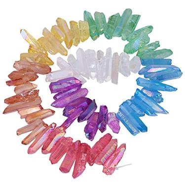 Imagem de rockcloud Pontos de cristal de rocha revestidos de titânio varas de quartzo transparente spikes top perfurado contas soltas fio de 38 cm, arco-íris