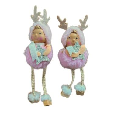 Imagem de Kit 2 Enfeites de Pendurar Bonequinha Fofa, Gorro Rena, Roupa Pelúcia, 17 cm (2 Rosa Claro)