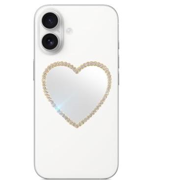 Imagem de LUVI Espelho de telefone Bling Stick on Back Phone Charm Sticker Glitter Diamond Makeup Selfies Alloy Glassy Clear Mirror Decal para celular para mulheres meninas coração - ouro