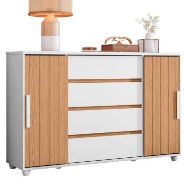 Imagem de Cômoda Sapateira Grande 4 Gavetas 2 Portas  Evidência Branco Freijó