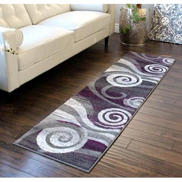 Imagem de Tapetes Masada, Stephanie Collection Tapete de área design contemporâneo moderno 1103 roxo cinza branco (2 pés X 7 pés 3 polegadas)