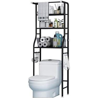 Imagem de Prateleira de armazenamento de banheiro em pé com haste de suspensão, prateleira organizadora de banheiro, suporte de cosméticos, economiza espaço, para banheiro, lavanderia., Preto