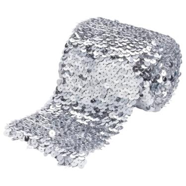 Imagem de FINGERINSPIRE 2,5 metros com acabamento de lantejoulas 10 cm de largura fita de lantejoulas elástica prata plana Paillette Lace Bling Paillette acabamento metálico para vestido faixa de cabeça costura