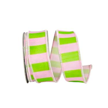 Imagem de Reliant Ribbon Fita com fio Dupioni Deluxe listrada Cabana, rosa/limão