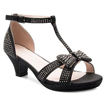 Imagem de Sandália feminina Olivia K de couro com glitter, bico aberto, tiras no tornozelo, tira em T, salto gatinho (bebê/menina), Black Glitter, 9 Toddler