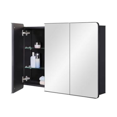 Imagem de IDYLLOR Espelho de banheiro armário de remédios com porta emoldurada de canto redondo 91 x 66 cm, preto, embutido ou montagem em superfície, com prateleiras de vidro ajustáveis