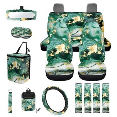 Imagem de CLOHOMIN Capas de assento de carro com estampa de mármore verde, 15 peças, capa de assento dianteiro, traseiro, capa de volante, almofadas de cinto, caixote do lixo, caixa de armazenamento de carro