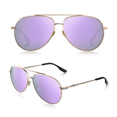 Imagem de LUENX Óculos de sol aviador para mulheres e homens, lentes polarizadas modernas - proteção UV 400 60 mm com acessórios para dirigir, Lente roxa clara/armação de ouro rosa, 60mm