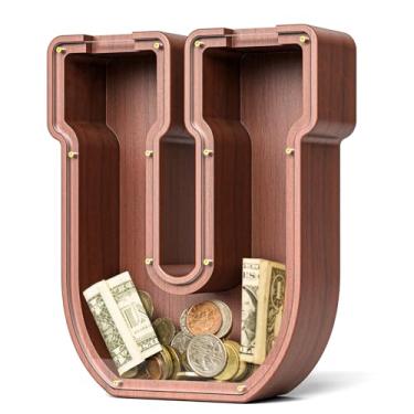 Imagem de SummiDate Cofrinho de madeira extragrossa | Cofrinho de 4 cm para meninos e meninas | Alfabeto Dinheiro | Presente de aniversário para crianças | Presente de aniversário para crianças (U)