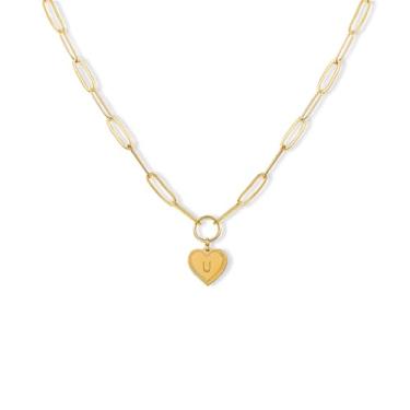 Imagem de PopTopping Colar de ouro A-Z com inicial de coração com pingente de coração colar gargantilha para mulheres meninas aniversário dia dos namorados presente de dia das mães, Zinco, Sem Pedra Preciosa