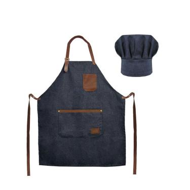 Imagem de Avental Jeans Couro e Chapeu de Cozinheiro Chef de Cozinha