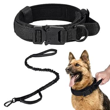 Imagem de Maiiu Coleira tática de cachorro, coleira de nylon ajustável para treinamento militar com alça de controle, fivela de metal resistente para cães médios e grandes (M conjunto preto de 34,3 a 42 cm)