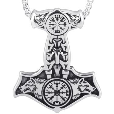 Imagem de LuxGoth Colar de aço inoxidável com pingente de lobo corvo viking Thor martelo Mjolnir gótico punk rock emo motociclista cosplay vintage joia para homens mulheres prata GTS-N1D60010