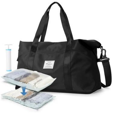 Imagem de Bolsa esportiva de viagem, bolsa esportiva, bolsa de ginástica, bolsa de ombro para noite de fim de semana para mulheres, Preta (bolsa esportiva + bolsa de armazenamento a vácuo + bomba de mão