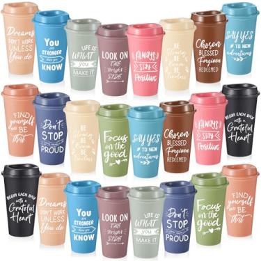 Imagem de FillTouch 24 peças de copos de café de plástico reutilizáveis de 473 ml com tampas e frases positivas, presentes inspiradores a granel para mulheres, homens, funcionários colegas de trabalho, equipe