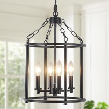 Imagem de JZQWCK Lustre preto de fazenda 4 luzes lanterna industrial lustre luminária para foyer com corrente ajustável gaiola de metal rústico pendurado luz pendente para cozinha, ilha, entrada, sala de jantar