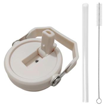 Imagem de Tampa de copo de substituição para Stanley IceFlow 590 ml, 850 g, tampa de canudo dobrável com canudo reutilizável, escova de limpeza (bege, 590 ml e 850 g)