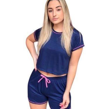 Imagem de Pijama adulto feminino cropped curto liso baby doll - Nannamia, Azul m