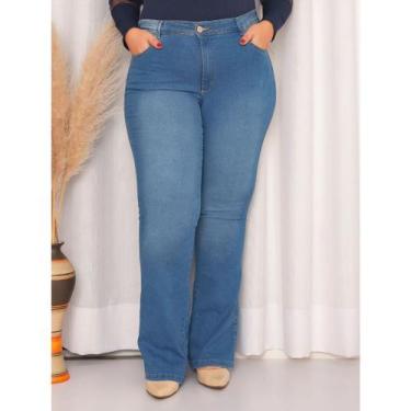 Imagem de Calça Flare Jeans Feminina Plus Size Clara cintura alta boca larga lyc