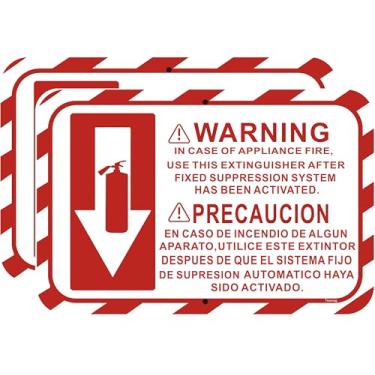 Imagem de Aviso em caso de incêndio no aplicativo, use este extintor após o sistema de suporte fixo ter sido ativado. Sinal bilíngue de instruções de extintor de incêndio, sinal bilíngue de aviso de instrução