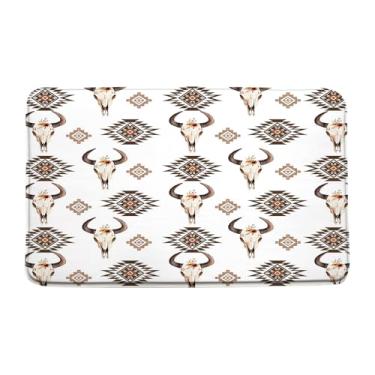 Imagem de Tapete de banho de caveira de touro ocidental asteca boho retrô longhorn flor fazenda sudoeste étnico tribal vintage abstrato geométrico país decoração banheiro tapete tapete de chão