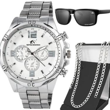 Imagem de Relogio Masculino Aço Inoxidável Prata + Oculos Sol + Cordao ponteiro 