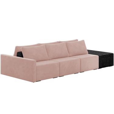 Imagem de Sofá Ilha Modular Para Sala 312cm com Puff Dublin K01 Veludo Rosê e Sintético Preto - Lyam Decor