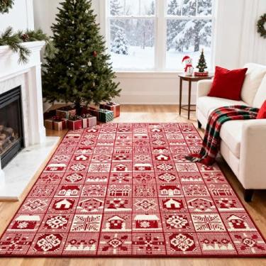Imagem de Asrug Tapete vermelho de Natal - Tapete lavável 7,5 x 12,7 cm para entrada, antiderrapante, cobertura de piso de diamante, detalhe geométrico, vermelho, fofo, tapete para quarto, sala de estar