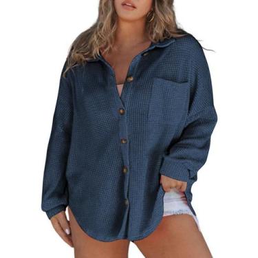Imagem de Jaqueta feminina Shacket Eytino Plus Size Waffle Knit azul 3X