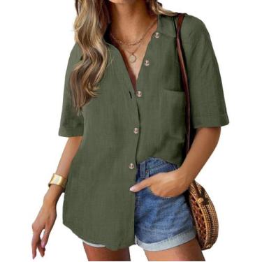 Imagem de Blusa feminina HOTOUCH de linho de manga curta Button Down Army