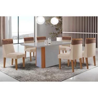 Imagem de Conjunto Sala de Jantar Pietá c/ Tampo Madeirado c/ Vidro Canto Curvo 180x90cm e 6 Cadeiras Jaspe Madeira Maciça Naturale/Off White - Capuccino/Suede 