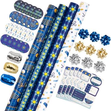 Imagem de WRAPAHOLIC Conjunto de papel de embrulho de Hanukkah – Menorás, a estrela de Davi, conjunto de papel de embrulho de chanucá com laço de presente, fita, etiqueta e adesivo