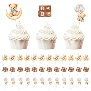 Imagem de 36 peças de enfeite de cupcake de urso, palhetas de cupcake de ursinho de pelúcia, decorações de cupcake de urso, tema de ursinho de pelúcia, suprimentos decorativos de chuveiro, decorações de bolo de
