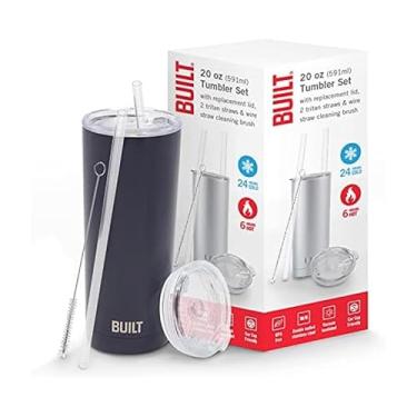 Imagem de Built Conjunto de copos de aço inoxidável de parede dupla com tampa de substituição, 2 escovas de limpeza de palha de arame Tritan reutilizáveis em caixa de presente, 590 ml, poço de tinta, Double Walled