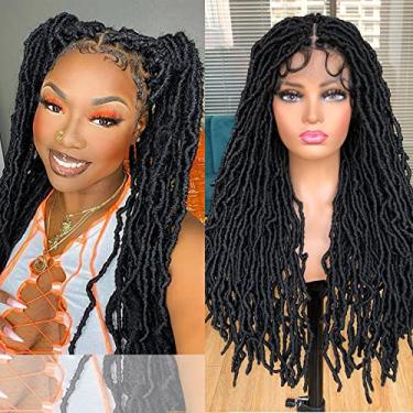 Imagem de Annivia Perucas trançadas pretas pretas de 81 cm para mulheres negras, sem nós, quadradas, sem nós, com cabelo de bebê, peruca longa de dreadlock, preta natural, trançada à mão, sintética