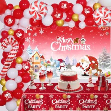 Imagem de Conjunto de decorações de festa de Natal, arco de guirlanda de balão de Natal em ouro branco vermelho com balões de folha de bengala doce, toalhas de mesa para decoração de festa de Natal