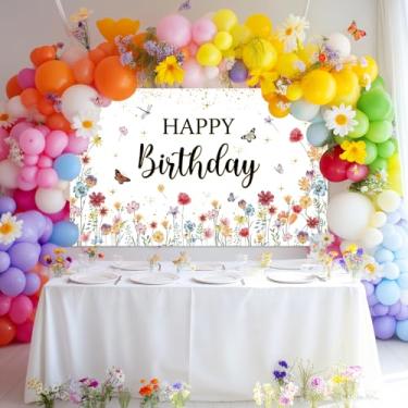Imagem de Banner de aniversário de flores silvestres decorações de festa de feliz aniversário para meninas pano de fundo primavera borboleta floral suprimentos de festa de dia B