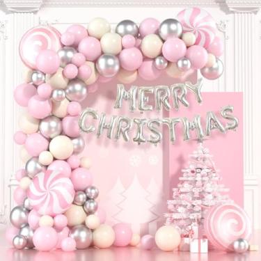 Imagem de Kit de arco de guirlanda de balão de Natal, 115 peças, guirlanda de balão branco e prata rosa com moinho de vento de doces, balões de Feliz Natal para decorações de festa de Natal