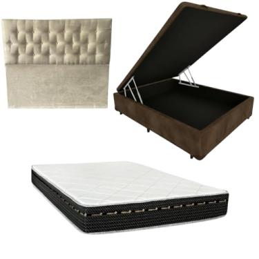 Imagem de Cama Box Baú Blindada com Colchão Eagle Molas Bonnel 22cm + Cabeceira Botonê (SUEDE MARROM, Casal)