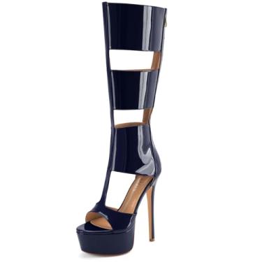 Imagem de Perisis Sandálias gladiadoras plataforma até o joelho para mulheres sexy aberto peep toe salto alto stiletto moda verão vestido festa dança botas com zíper, Patente azul marinho, 40