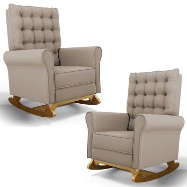 Imagem de Kit 02 Poltronas De Amamentação Base Madeira Balanço Brenda G05 Veludo Bege - Mpozenato