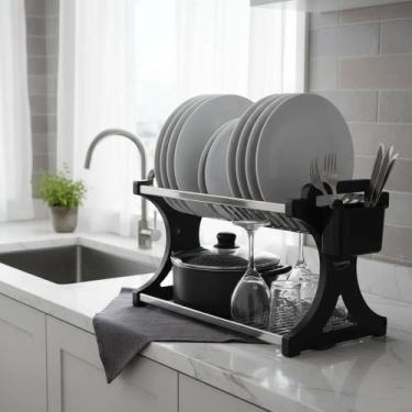 Imagem de Escorredor de Louça 20 Pratos Preto em aço Inox Alto com Porta Talher 