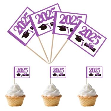 Imagem de TMHTMH 100 peças 2025 tema formatura cupcake palito bandeiras, mini 2025 graduação boné diploma cupcake festa decorações suprimentos, decoração de cupcake coquetel fruta (roxo)