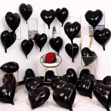 Imagem de 5 unidades de balões de filme em forma de coração de 45,7 cm coloridos para decoração de festa de aniversário de casamento, dia dos namorados, (preto)